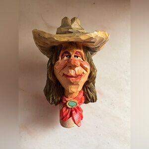 Vintage Hand-Carved Cowboy/Cowgirl Bottle Stopper by Chris Hammack (1999)